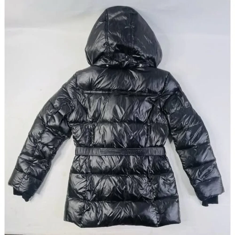 Michael Kors Women's Winter Puffer Hoodie Black And Silver Metal Jacket Size S
